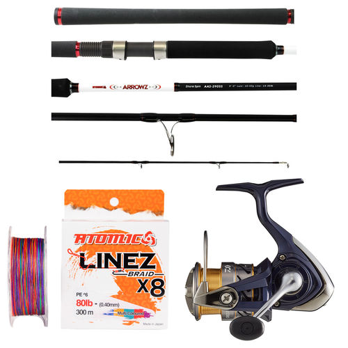 Daiwa - 20 Crest LT3000-C + Atomic - Arrowz ShoreSpin 9', 2 pc, 15 - 25lb PE1 Shore Spinning Rod Spin Combo