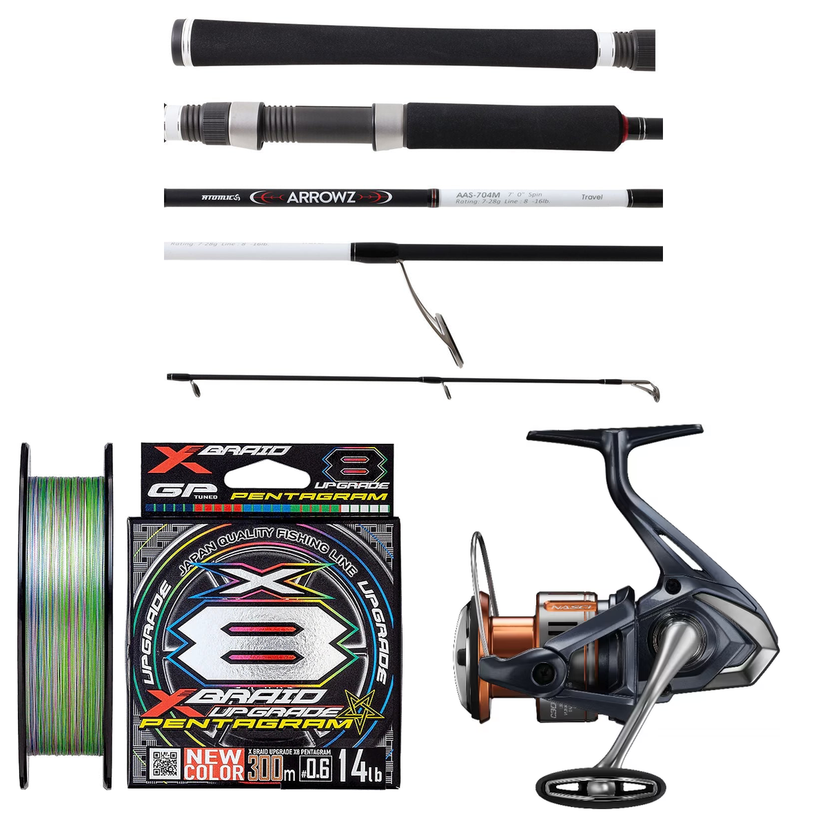 Shimano - 26 NASCI C3000HG + Atomic - Arrowz Travel Spin 7', 4pc, 8-16lb Travel Softbait Combo