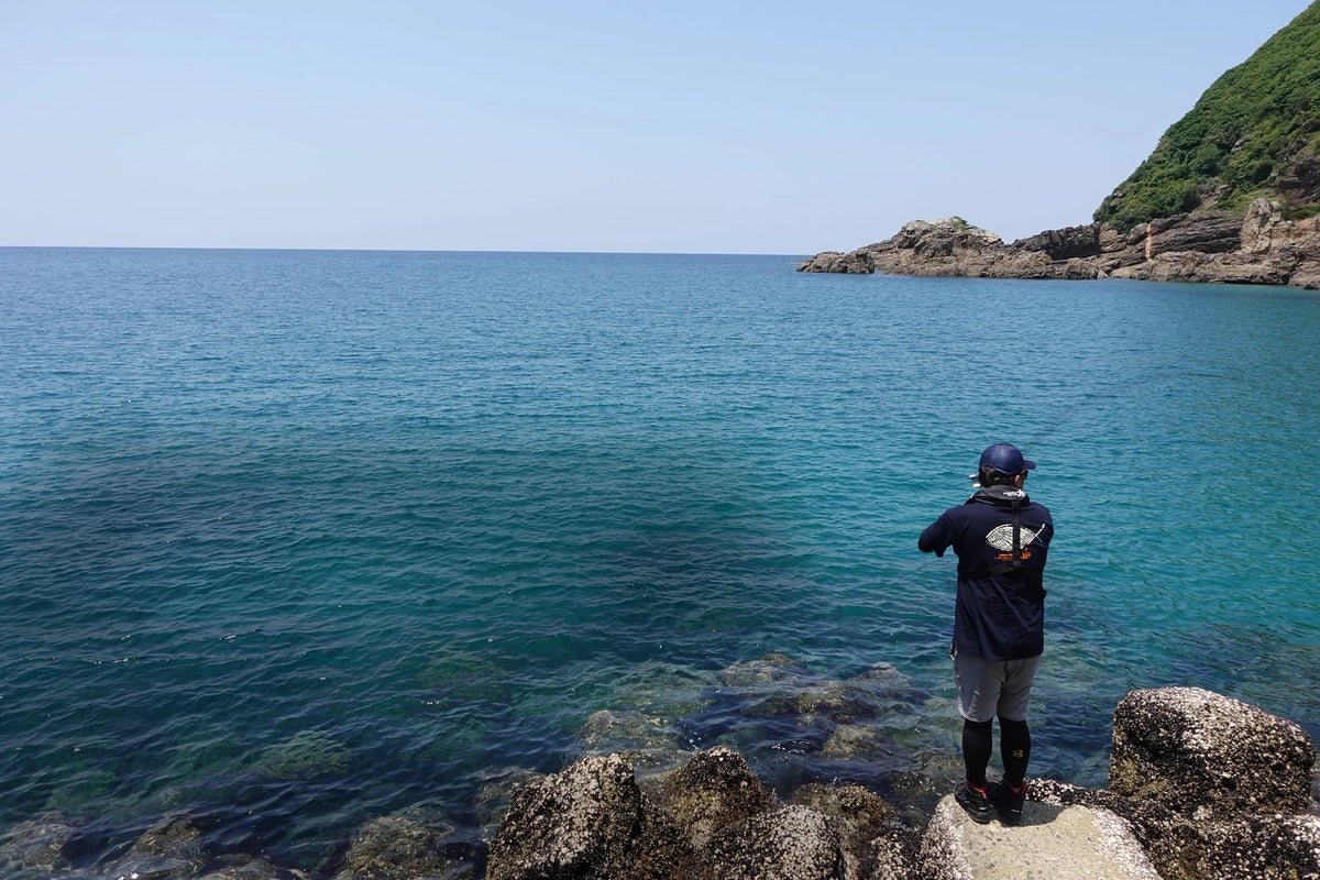 An angler eging for squid off a rocky shoreline